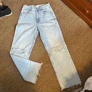 Zara Light Blue Straight Leg Distressed Jeans